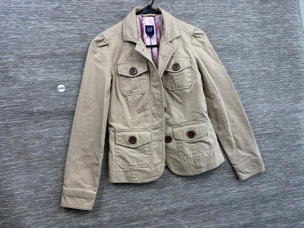 Gap Jacket Womens Size 0 Tan Button Down w/ Pockets Long Sleeve Regular Length